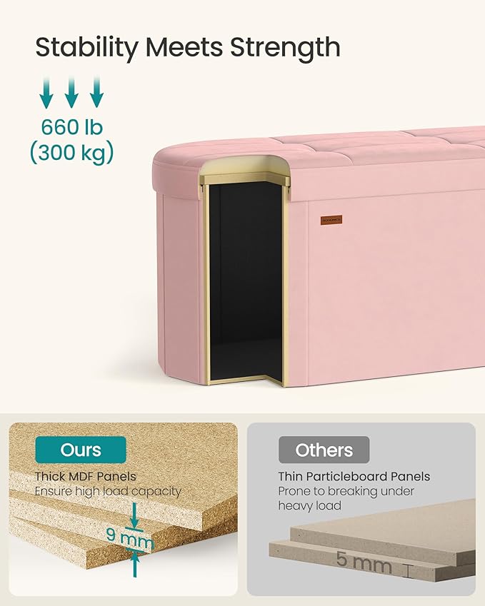 SONGMICS Mazie Collection - Folding Ottoman with Storage, Oval Storage Ottoman Bench, for Living Room, Bedroom, Velvet Fabric, 15 x 43 x 15 Inches, Jelly Pink ULSF297SA01