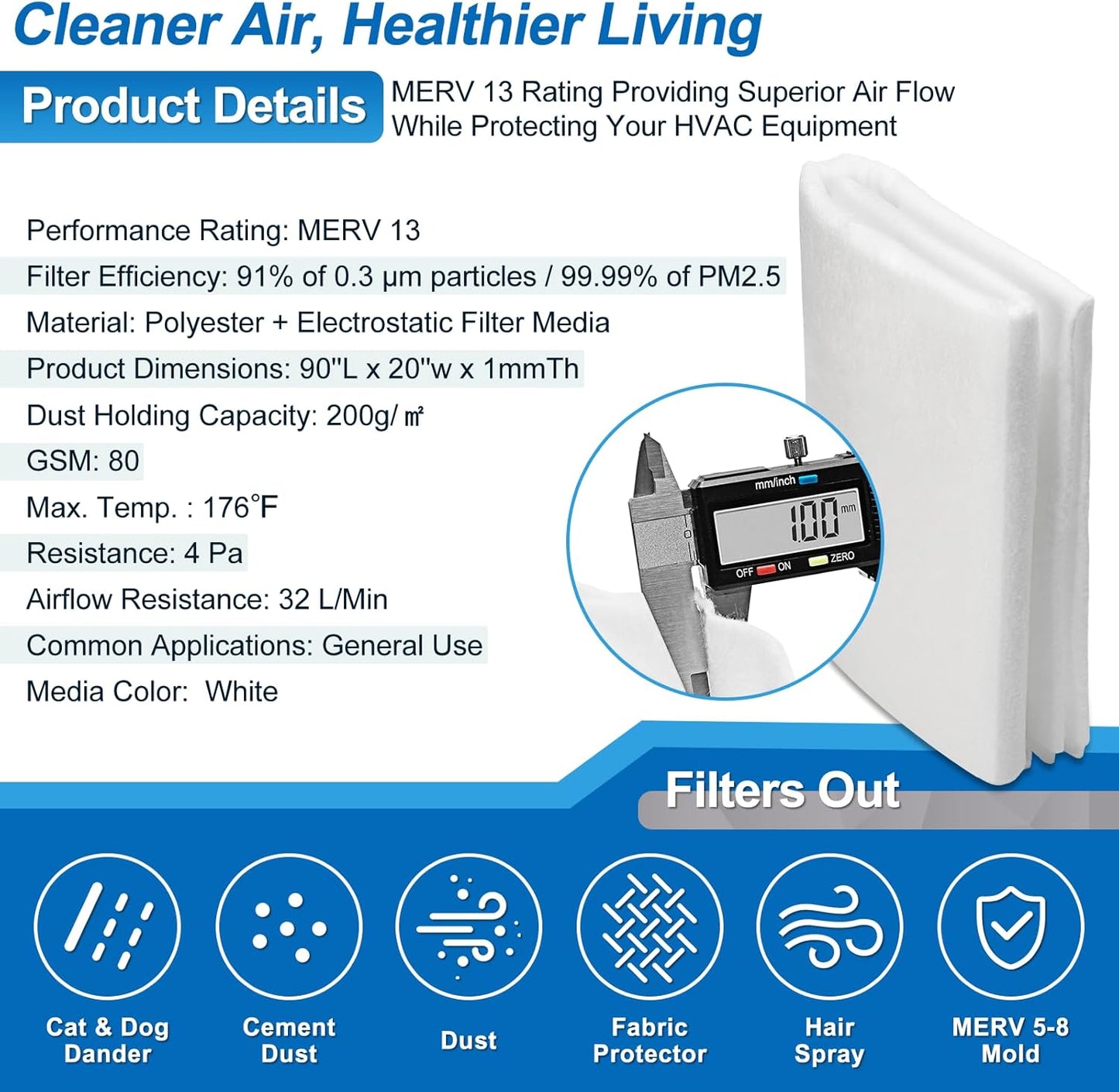 UCINNOVATE MERV 13 Filter Media 20"x90", 12.5 Ft² Cut to Fit Electrostatic Air Vent Filters with 125" Tape, Stop Dust, Pollen and Pet Dander(0.3 Microns) for HVAC AC Vent Purifiers Fan Registers