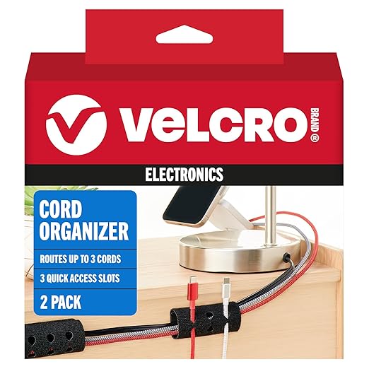 VELCRO Brand Cord Organizer for Desk Cable Management, Nightstand Organization, Unique Dual Function Cable Sleeve Cord Keepers Combo, Holds Wires for Easy Access, Route to Hide, Small 2pk Black