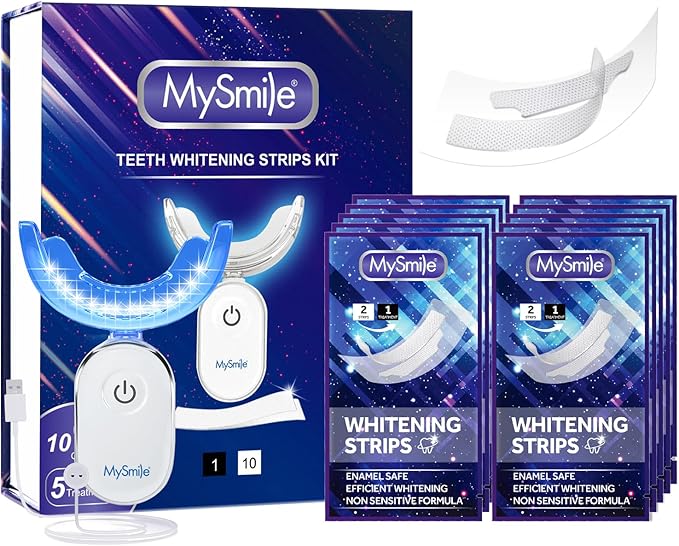 MySmile Non-Sensitive 10 Treatment Whitening Strips Kit with LED Light Tray 10 Min Fast Remove Coffee Wine Tobacco 20 Years of Stains Whitening Tooth Care Oral Safe for Enamel