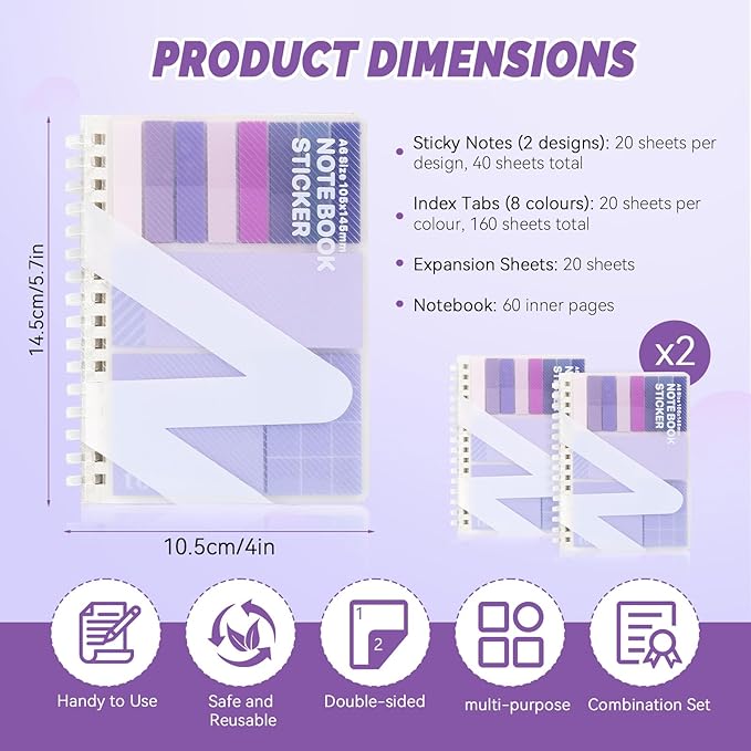 2Pcs Multi-Functional Sticky Note Combination Notebook, 220 Stickers +60 Inner Pages. Suitable for Office and Study Supplies (Purple)