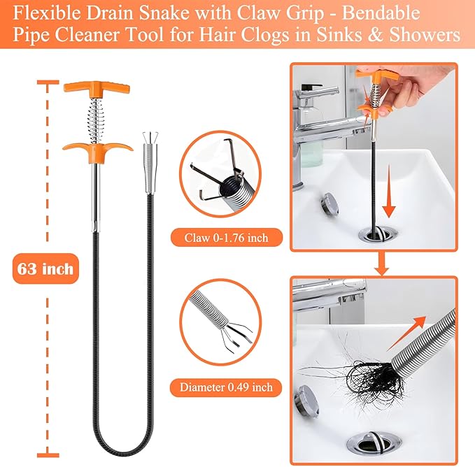 63 Inch Drain Snake Hair Drain Clog Remover Tool, Flexible Sink Snake Drain Cleaner Tool Set, Plumbing Snake for Toilet Sewer Shower Kitchen Bathroom Tub Clogged Hair Removal Cleaning Tool Set