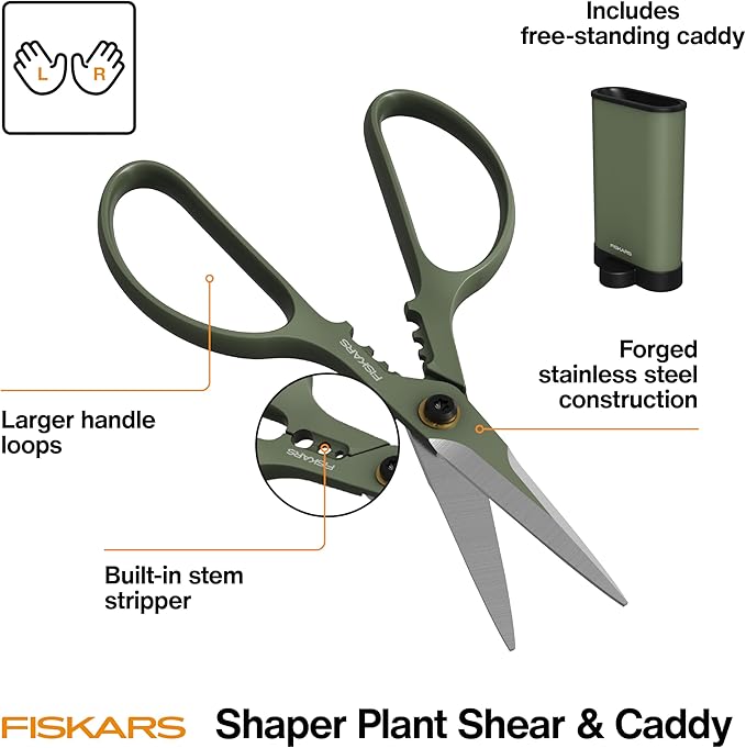 Fiskars Shaper Plant Shears, Precision Indoor Gardening Snips with Storage Caddy, Forged Stainless Steel Blades for Clean Cuts on Broad Leaves, Ambidextrous Handles & Stem Stripper, 6"