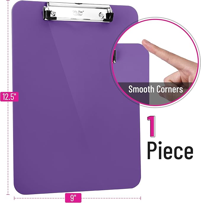 Mr. Pen- Plastic Clipboard, 12.5” x 9”, Purple, Clipboard Plastic, Low-Profile Metal Clip with Retractable Hanging Hole