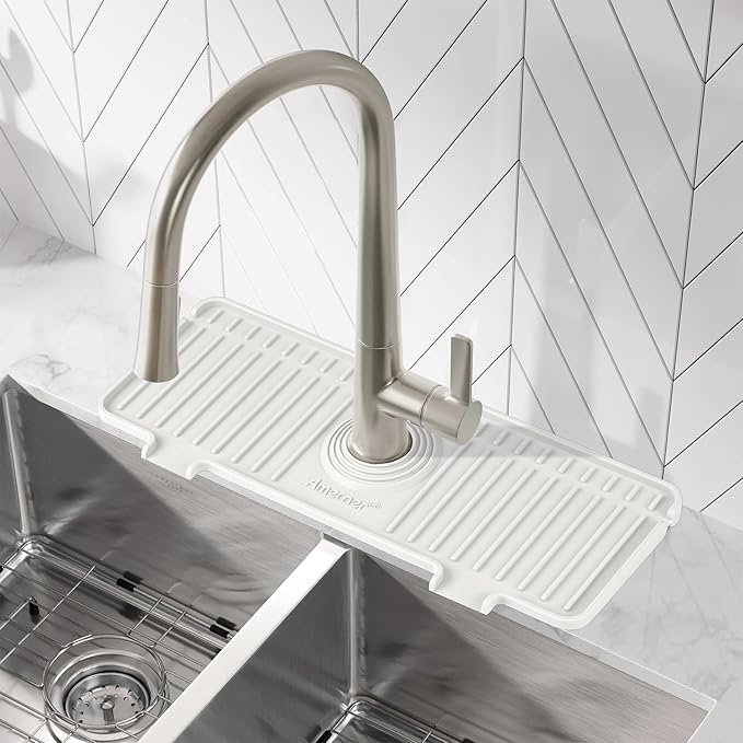 Kitchen Sink Splash Guard, Silicone Faucet Guard & Draining Mat, Bathroom and Kitchen Sink Organizer, Sink Faucet Mat Water Splash Guard Behind Faucet Accessories Gadgets, 14.2” x 5.1”, White