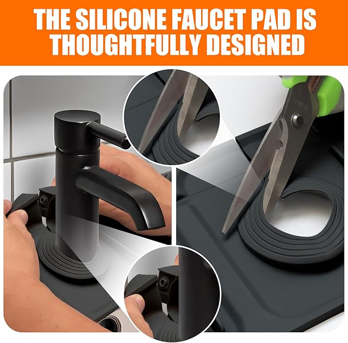 17.7" Silicone Faucet Mat with Button Style Design – Longer Drip Catcher Tray & Sink Splash Guard, 6° Slope Behind Faucet Mat | Easy Kitchen & Bathroom Sink Protector Black