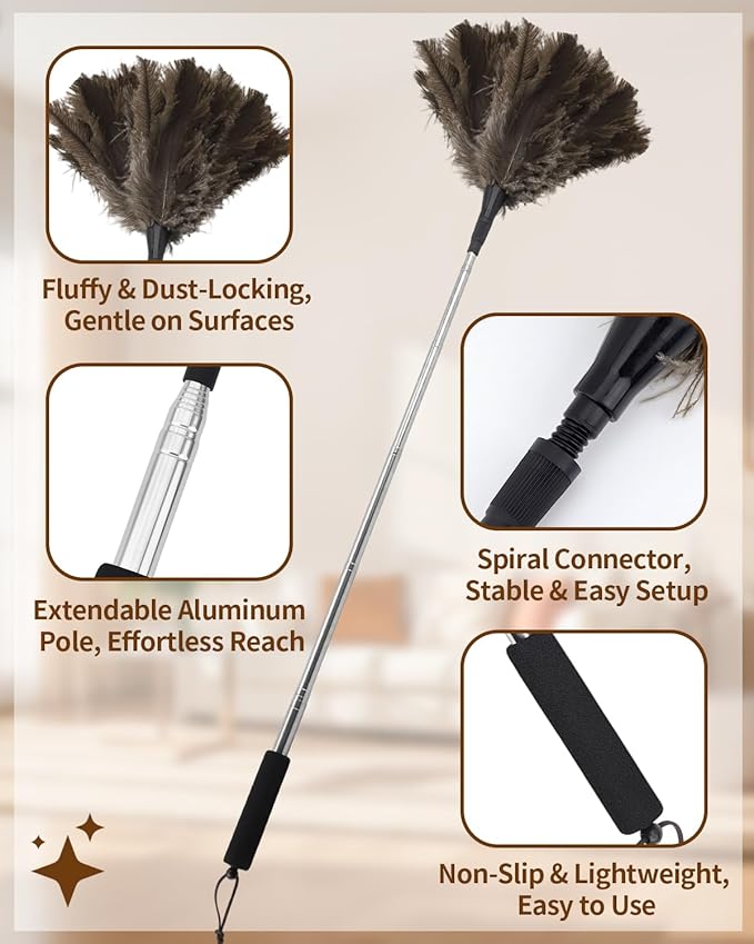 Extendable Ostrich Feather Duster with Bonus Wool Feather Duster Head - Natural Fluffy Non-Slip Handle Feathers Dusters for Cleaning Ceiling Fans, Blinds, Roof Dusting, High Surfaces (18-48 in)