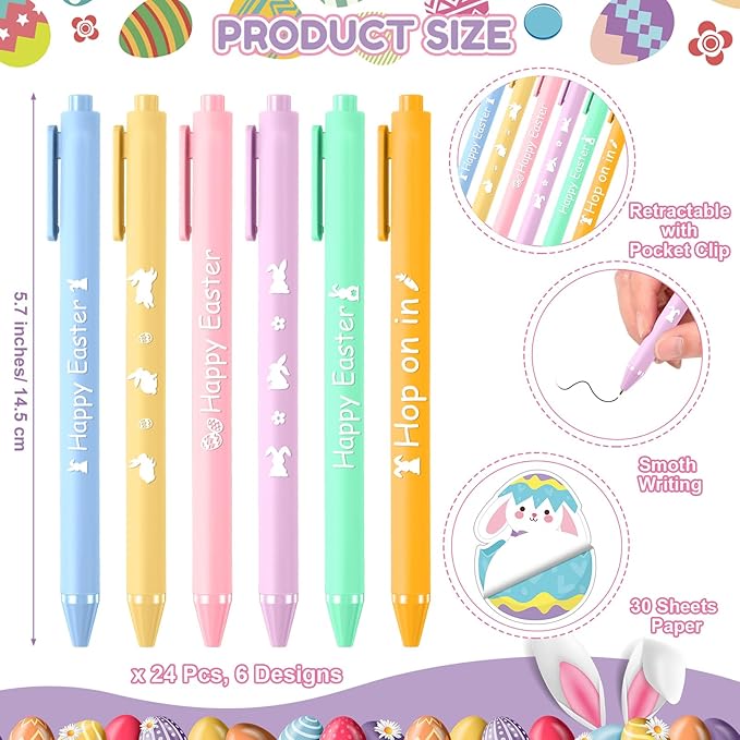 24 Set Easter Sticky Notes and Pens Set Gifts Self Sticky Note and Pens Mini Notepad Cute Memo for Study Office Supplies