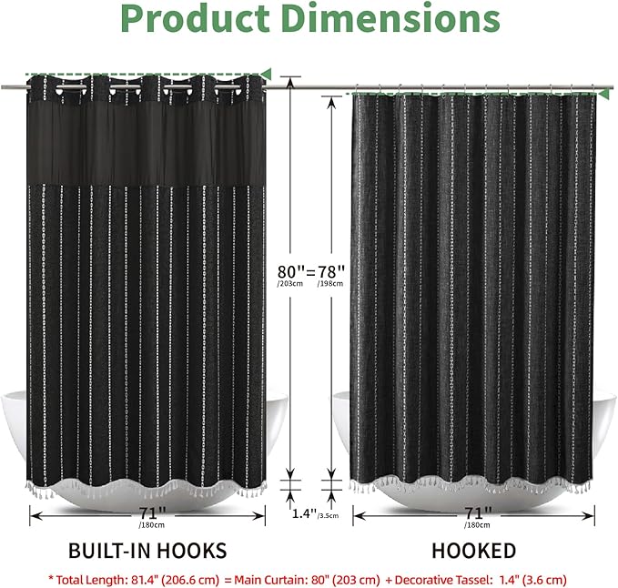 No Hook Long Shower Curtain Set with Snap-in Fabric Liner,Linen Textured Thick Striped Fabric with Tassels,Boho Farmhouse Rustic Luxury Bathroom Curtain,Water-Repellent,Black,71x80