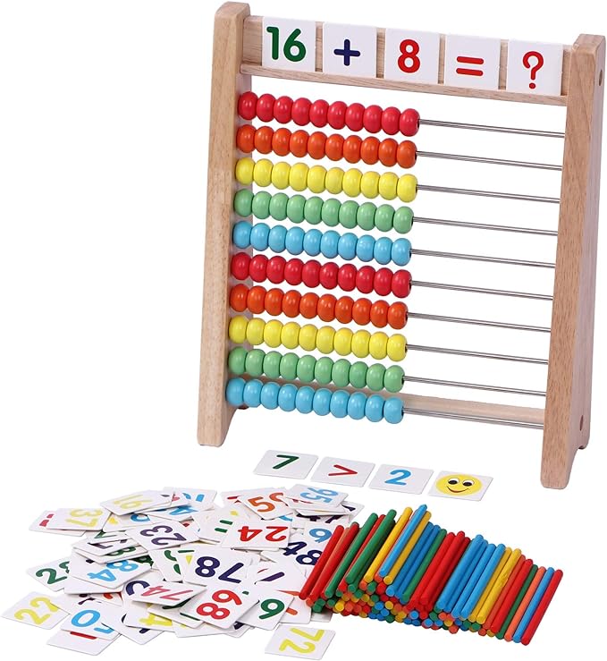 Wooden Abacus for Kids - 100 Counting Sticks and Number Toys Cards 1-100, Educational Math Games for Preschool and Elementary School 1st 2nd Grade