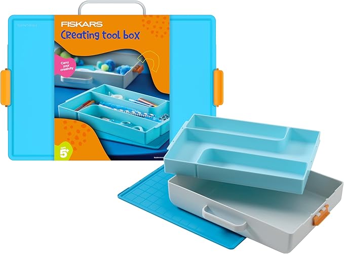 Fiskars Kids Creating Toolbox – Portable Art Storage Organizer with Reversible Lid, Carry Handle, and Secure Snap-Close Design