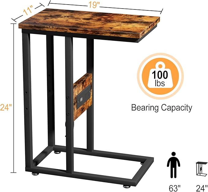 VECELO C Shaped End Table with Charging Station & Power Outlets, Quick Access Side Table for Sofa, C Bedside for Living Room Bedroom 1 Set,Brown