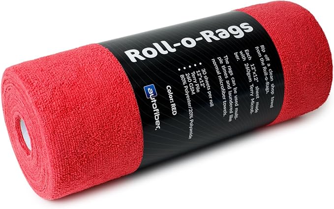 Autofiber Roll-o-Rags Microfiber Towels, Tear Off Sheets, 12 Inch x 12 Inch, 30/Roll (Red)