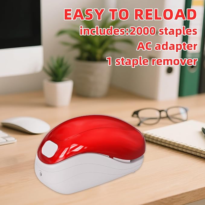 Electric Stapler-Red,Including 2000 Staples and 1 Staple Remover, Suitable for Palm Size and high Comfort，25 Sheet Capacity, AC Adapter or Battery Powered，Battery not Included