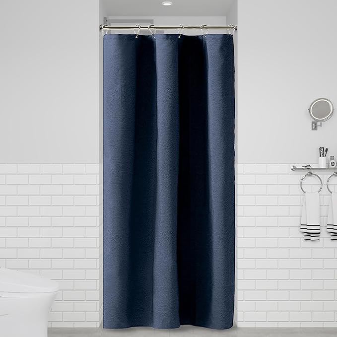 BTTN Stall Fabric Shower Curtain - 36x72 Inch Narrow Linen Textured Heavy Duty Shower Curtain Set with 6 Plastic Hooks, Hotel Spa Luxury Half Waterproof Neutral Bath Curtains for Bathroom - Navy Blue