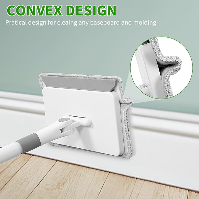 Baseboard Cleaner Tool with Handle, 3 in 1 Wall Cleaner Mop with Long Handle, 360° Rotatable Wall Mop with 4 Replacement Microfiber Chenille Pads for Wall Floor Baseboards Cleaning