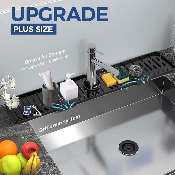 BFONS Kitchen Sink Faucet Splash Guard Plus Size Silicone Drying Mat Handle Drip Catcher Tray Dish Sponge Holder Accessories Protector Home Organization Gadgets Black: 23.4x5.7 in HJJDLSD-625