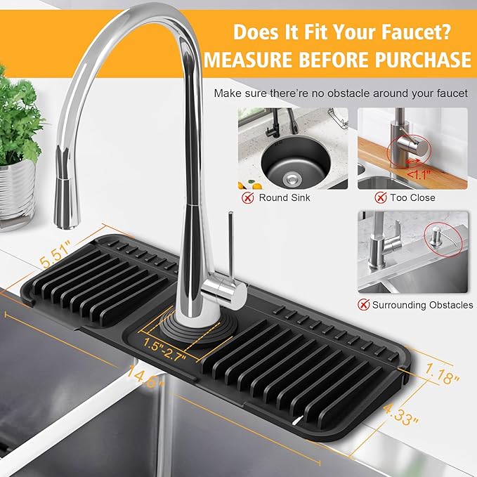 14.6-Inch Kitchen Sink Splash Guard Mat | 7° Slope for Fast Self-Draining | Snap-Lock Design | Universal & Cuttable Silicone Faucet Mat BLACK