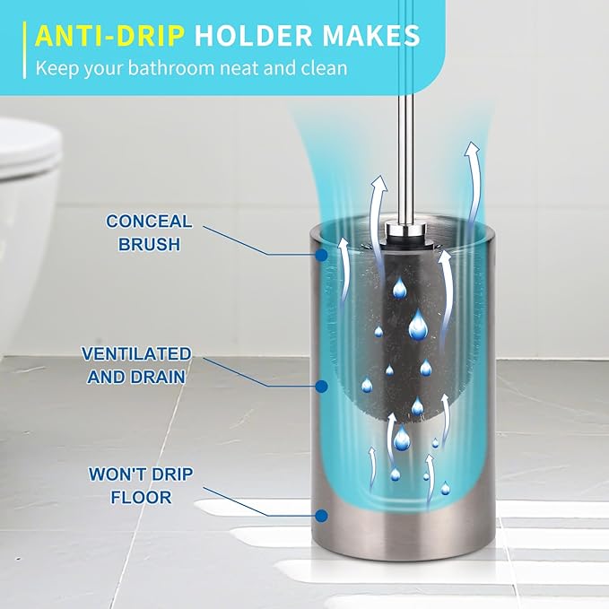 Toilet Bowl Brush and Holder Solid Long Handle Toilet Brush for Bathroom with Heavy Duty 304 Stainless Steel Base and 2 Brush Heads for Domestic Deep Cleaning Under Rims (Silver 1)