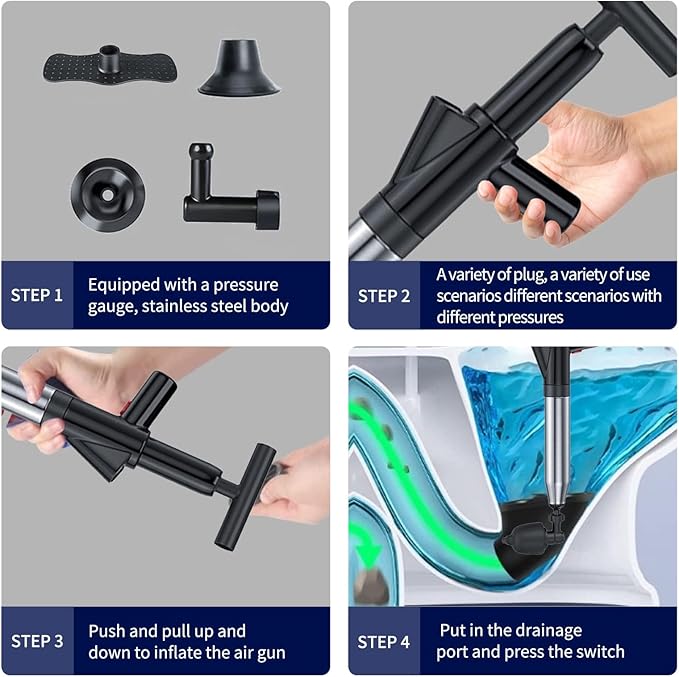 Toilet Plunger High Pressure Air Drain Blaster Gun Drain Clog Remover Tools Air Plunger Heavy Duty Drain Powerful Plungers for Toilet Unclog Toilet, Floor Drain, Bathroom（Black）