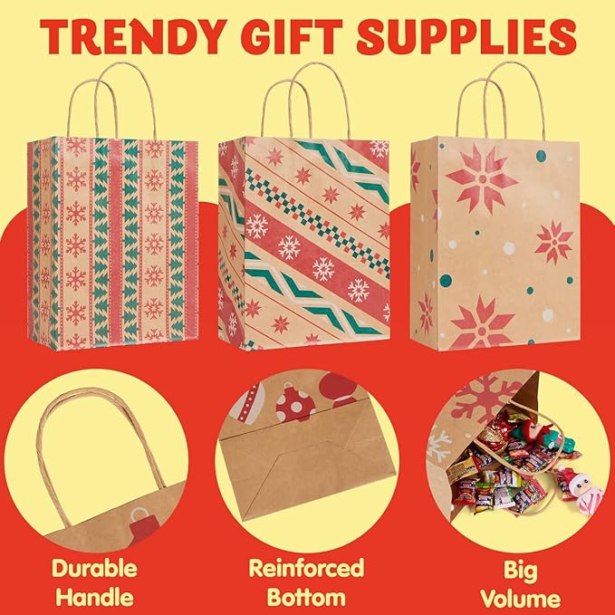 JOYIN 24 Christmas Kraft Gift Bags for Classrooms and Party Favors, Holiday Goody Gift Bags for Xmas Present Wrapping, Christmas Decorations, Party Supplies Decor (10.2" x 4.2" x 6.3 ")