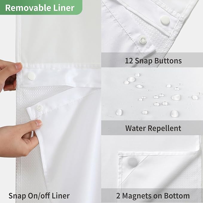 Extra Long No Hook Shower Curtain with Snap-in Fabric Liner Set,White Waffle Weave Shower Curtains for Bathroom,Hotel Luxury Decor Bathroom Curtain Set,Waterproof & Washable,71Wx86H