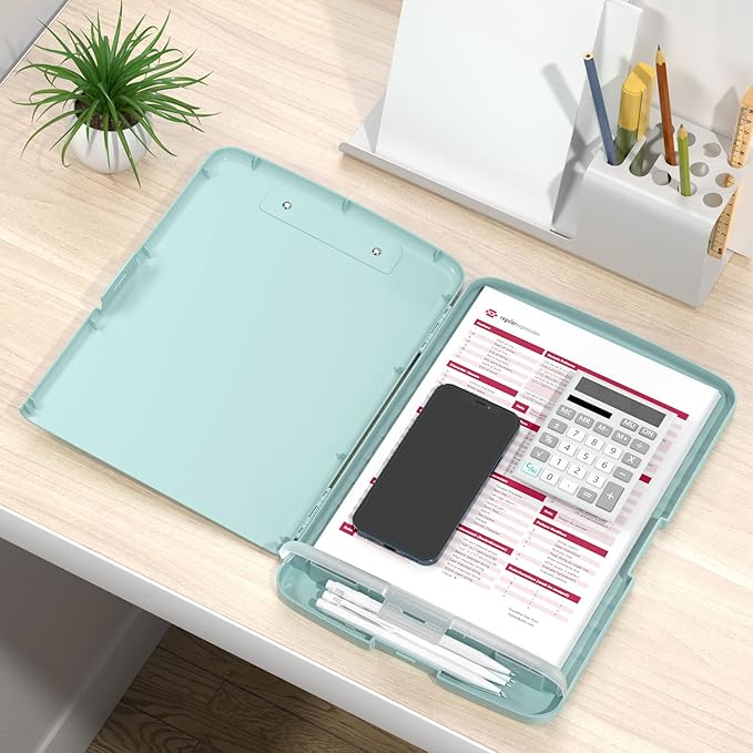 Rimilak Plastic Clipboard with Storage, 8.5 x 11 High Capacity Folio Nursing Case with Pen Holder, Size 14.2 x 9.6 x 1.2″ Folder Side-Opening for Classroom, Teacher, Smooth Writing, Dark Green