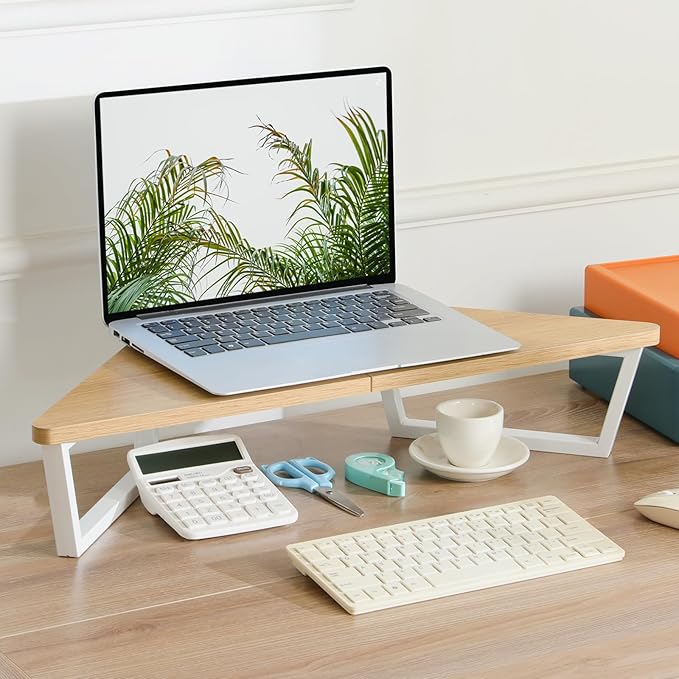 TEAMIX 26 inch Triangle Monitor Stand Riser, Desktop Corner Stand with Metal Leg Wood Computer Stand with Storage Laptop Riser Office Organization (Maple)