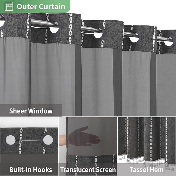No Hook Stall Shower Curtain with Snap-in Fabric Liner - 54x80 Heavy-Duty Linen Textured Striped Design,Narrow Rustic Modern Farmhouse Bohemian Bathroom Curtain,Water-Repellent,Charcoal Grey
