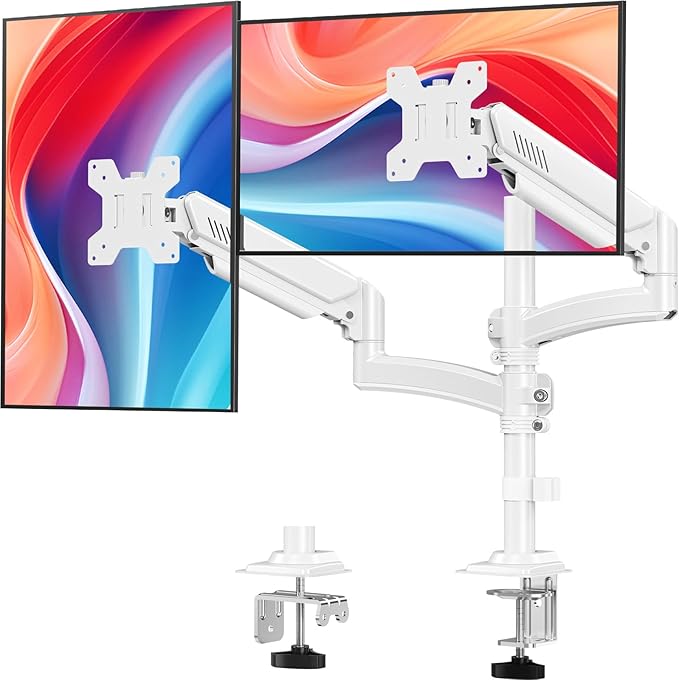 Dual Monitor Stand for Desk, Taller Monitor Arms for 2 Screens up to 32 inch, Ergonomic Adjustable Full Motion Double Computer Monitor Mount, Holds 4.4-22lbs, VESA 75/100mm, White, Freelift