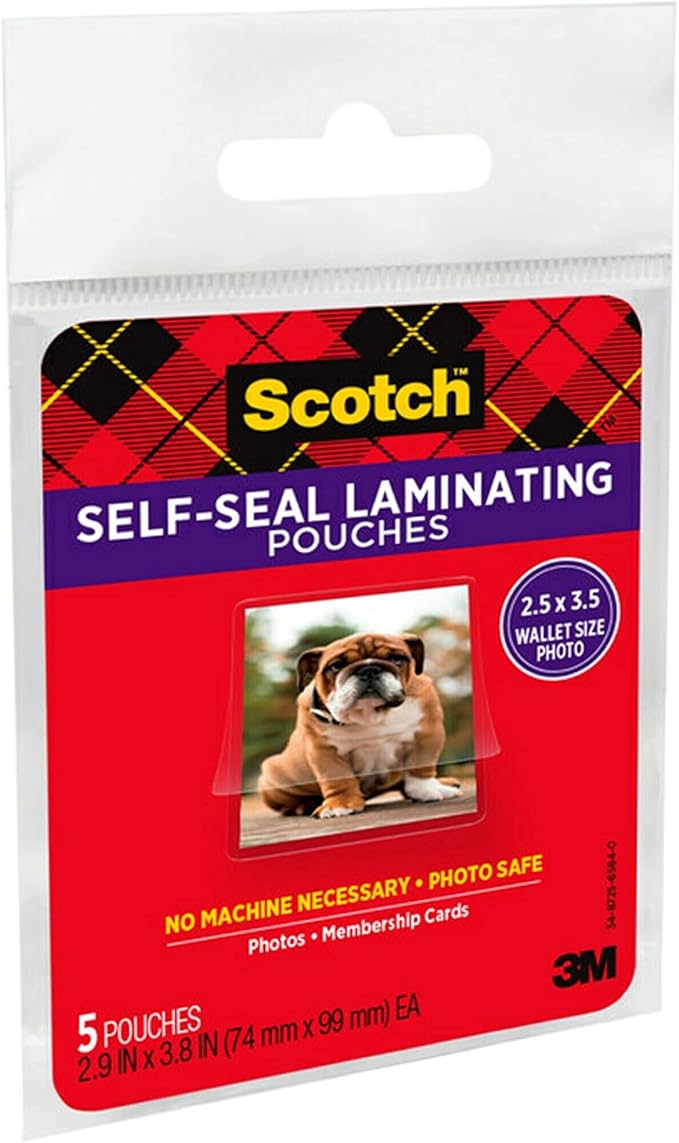 Scotch Self-Sealing Laminating Pouches, Glossy Finish, Wallet Photo Size 2 1/2 in x 3 1/2 in, 5 Pouches