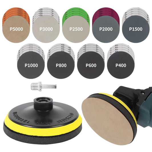 45PCS 5 Inch Wet Dry Sanding Discs Kit with Hook and Loop Backing Pad 5/8-11 and Foam, Angle Grinder Drill Sanding Attachment, Sander for Drill 400 to 5000 Grits Sandpaper for Wood Metal Car