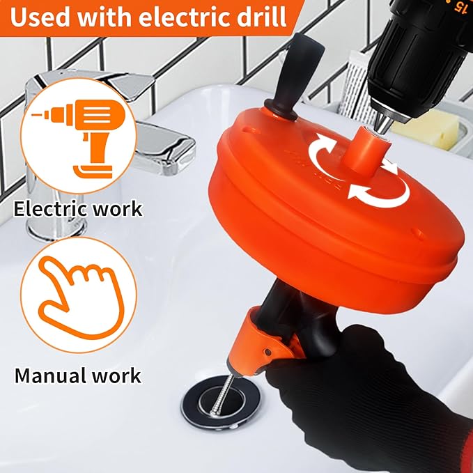 Drain Snake 50 FT, Auger Drain Snake Hair Drain Clog Remover, Plumbing Snake with Drill Attachment and Automatic Retractable Function, Manual or Powered Use for Kitchen, Sink, w/Gloves and Storage Bag
