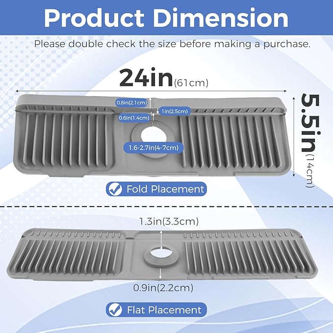 24" Silicone Faucet Mat for Kitchen Sink, 6° Slope Water Draining Mat, Kitchen Sink Splash Guard, Silicone Sink Protector for Kitchen Sink Bathroom Sink with Fasten Button, Dark Grey