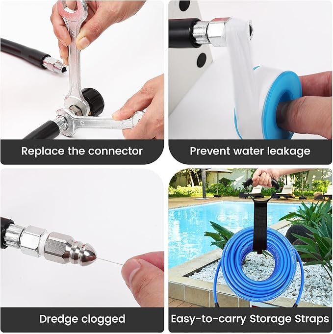 100FT Pressure Washer Sewer Jetter Kit, 5800 PSI Water Jet Drain Cleaner Hose with Corner Rotating Button Nose Nozzle, 1/4 Inch NPT, Kit Includes Sewer Jetting Nozzles and Spanner Handle Strap