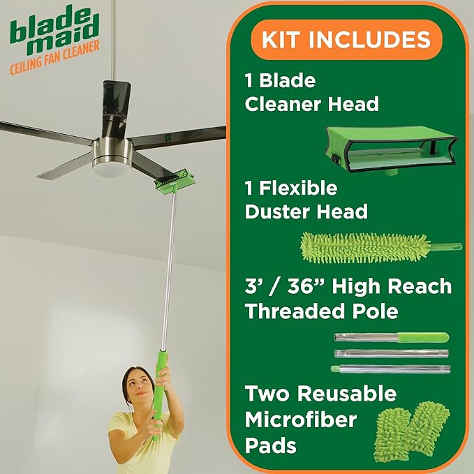 Blade Maid Ceiling Fan Cleaner- Cleaning Tool with 3 Foot Extendable Pole, Cleaning Head, Reusable Fiber Duster, & Flexible Brush