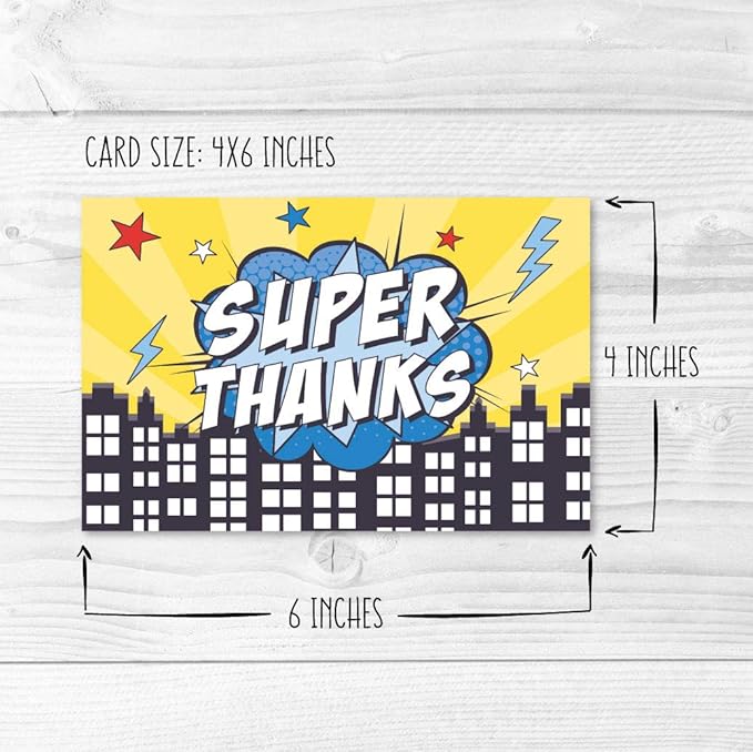 Hadley Designs 24 Superhero Thank You Cards With Envelopes - 4x6 Kids Thank You Cards Boys Birthday Bulk, Blank Baby Boy Super Hero Teacher Appreciation Notes, Superhero Party Supplies, Made In USA
