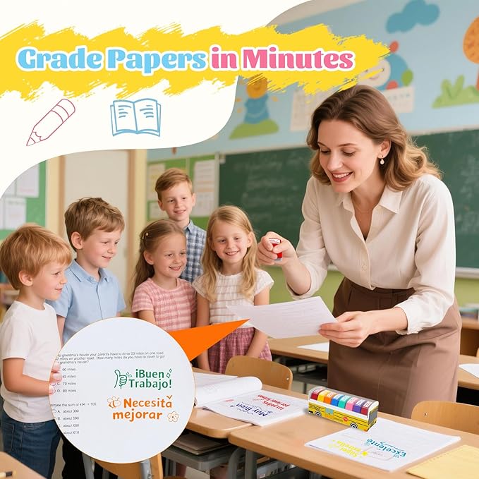 8Pcs Spanish Teacher Stamps Gifts for Classroom Rubber Self Inking Grading Stamps Set Motivation Teacher Stamp for Bilingual School Elementary Kid Homework Reward Supplies, Sellos para Maestros