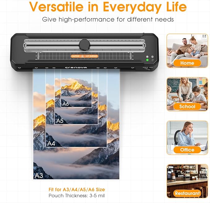 Crenova Laminator Machine with 12 Laminating Sheets, A3 Laminating Machine Hot & Cold with Trimmer Corner Rounder, Fast Warm Technology, 13-Inch Laminator for Home Office School Business (A3-12PCS)