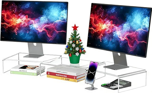 X-cosrack Clear Acrylic Monitor Stand Riser, 3 Shelves Adjustable Dual Monitor Stand with Anti-Slip Mat, Premium Desk Organizer for Home Office, Laptops, PCs, Printers, TVs