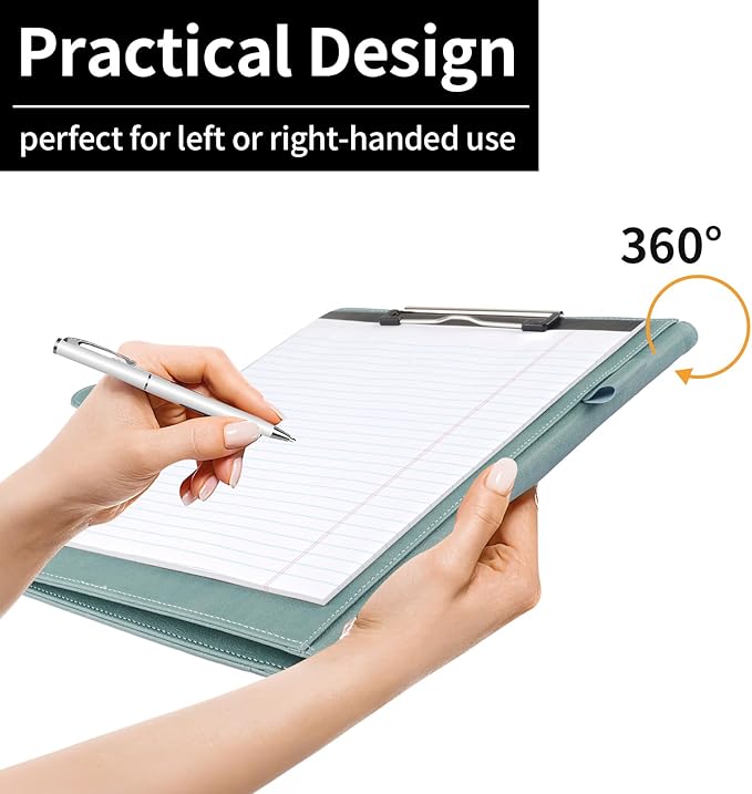 Professional Padfolio with Clipboard, Faux Leather Portfolio Folder Binder, Legal Pad Holder for A4 Letter Size Notepad, Resume, Writing, Ideal Organizer for Business Office Conference (Gray Green)