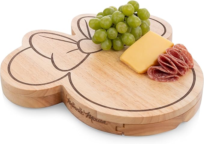 PICNIC TIME Disney Minnie Mouse Head Shaped Cheese Board with Tools, Parawood Charcuterie Board with Recessed Groove and Stainless Steel Utensils (Parawood)