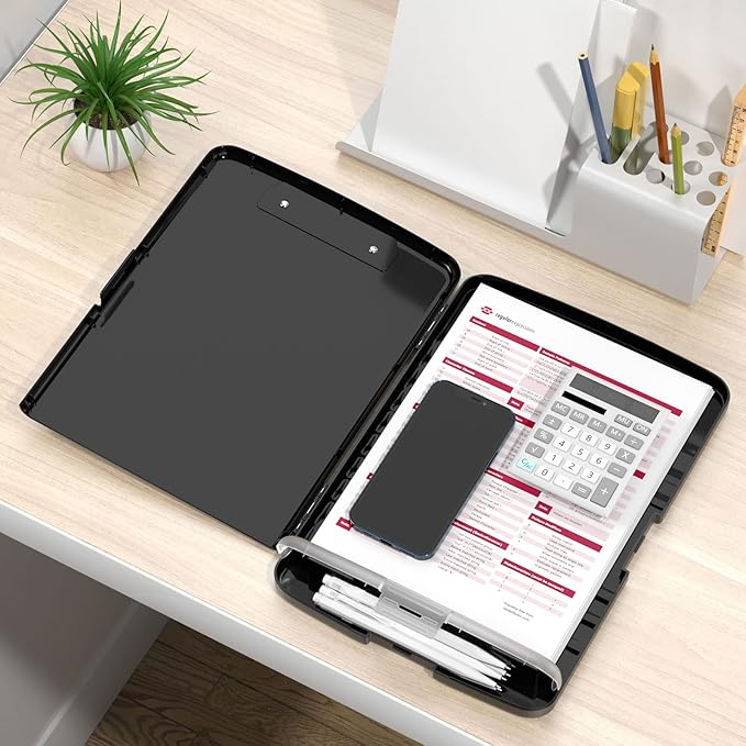 Rimilak Plastic Clipboard with Storage, 8.5 x 11 High Capacity Folio Nursing Case with Pen Holder, Size 14.2 x 9.6 x 1.2″ Folder Side-Opening for Classroom, Teacher, Student, Smooth Writing, Black