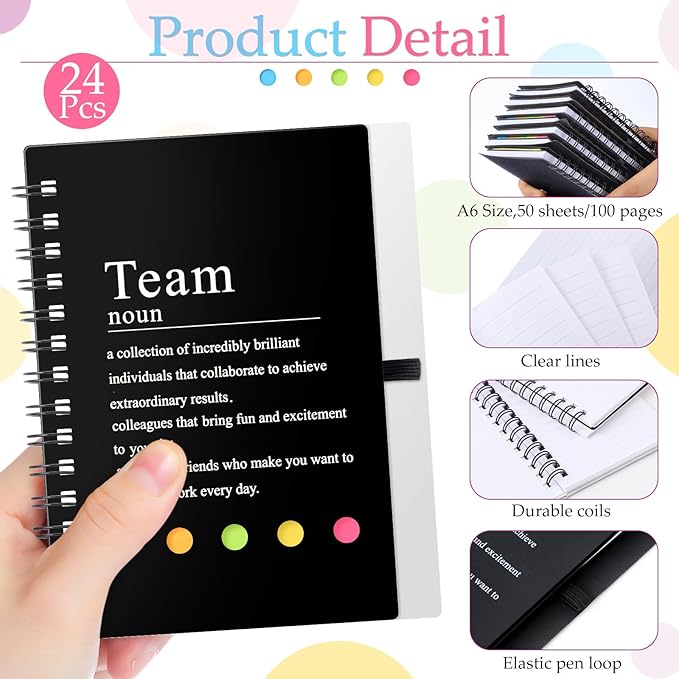 24 Pcs Employee Appreciation Gifts Bulk Team Recognition Notebooks with Sticky Notes Staff Thank You Gifts for Social Worker Teacher Nurse Coworker Office Motivation Set (Black)