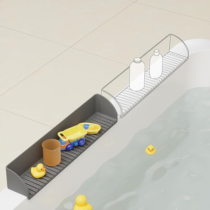 Roslim Splash Guard for Bathtub & Sink - Silicone Bath Splash Guard Shelf, Bath Toy Tray Holder, Tub Water Splash Guard with 4 Suction Cups, 1Pack, Grey