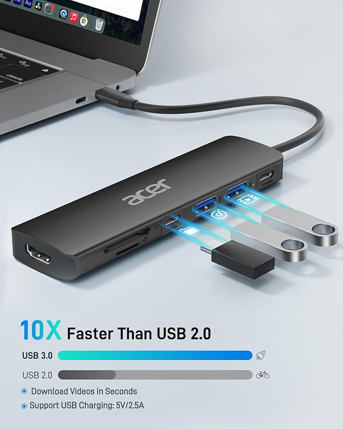 Acer USB C Hub, 7 in 1 USB-C to HDMI Dock, 2 USBA 3.1 GEN1 and 5Gbps Type-C Data Port, 4K HDMI Port, PD 100W Charging, SD Card Reader, for iPad Pro MacBook Pro Laptops and More (Black)