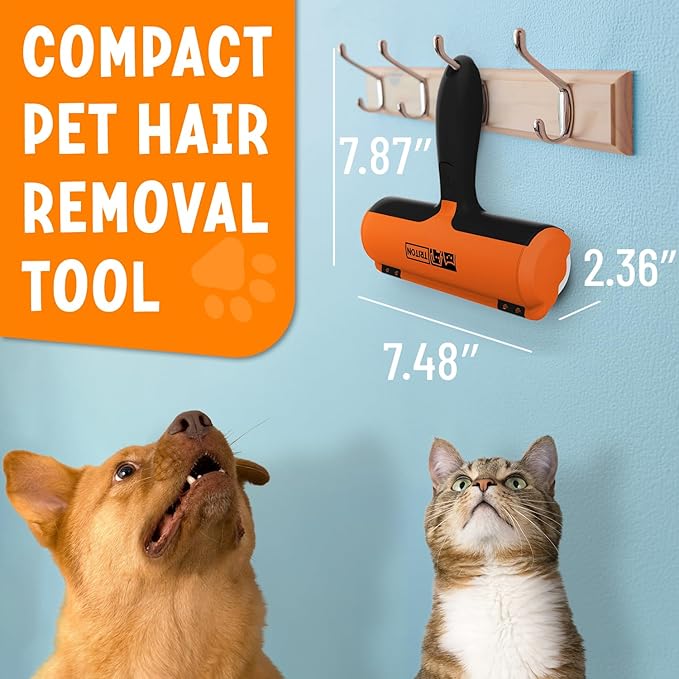 Triton Pet Hair Removal Tool w/Fur Trapping Compartment, 60% Smaller Storage Size, Reusable Shedding Roller, Cat and Dog Hair Remover for Car, Furniture, Carpet, Couch (Orange)