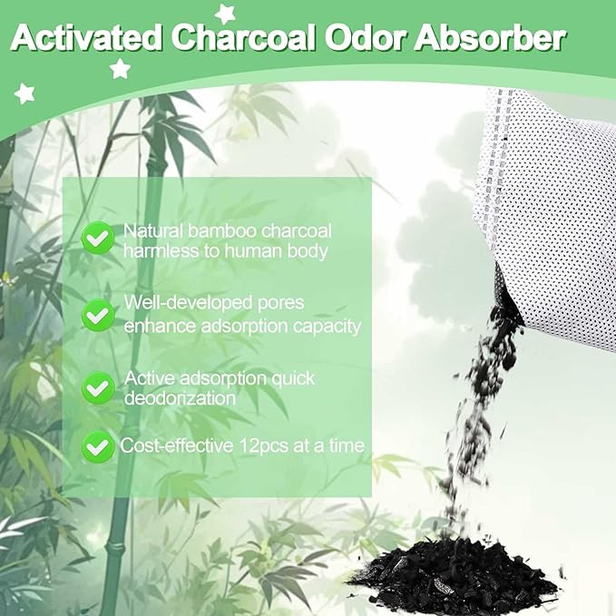 12PCS Charcoal Odor Absorber, Household Activated Charcoal Odor Absorber, Bamboo Charcoal Air Purifying Bag, Shoe Deodorizer, Odor Eliminator for Trash Cans, Refrigerators, Pets, Cars