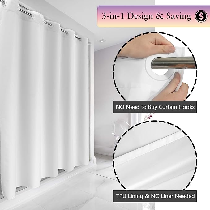 River Dream Extra Long No Hook Shower Curtain TPU Lining & No Required Liner, 71" x 86"(84") Hotel Fabric Shower Curtain for Bathroom, Bottom Magnets & Waterproof, White, 71x86