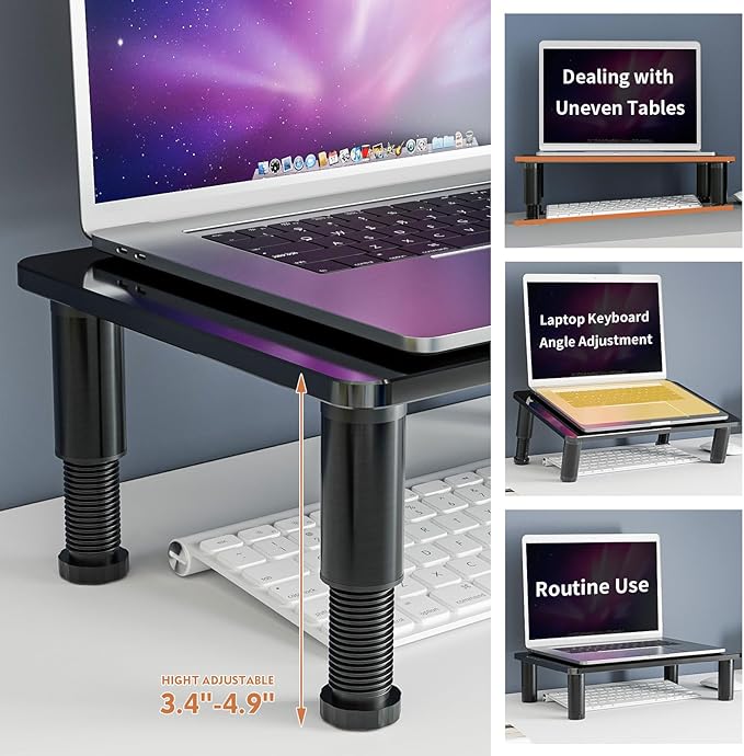 Glass Computer Monitor Stand Riser with Height Adjustable Multi Media Desktop Stand for Flat Screen LCD LED TV, Laptop/Notebook/Xbox One, Black HD01B-002